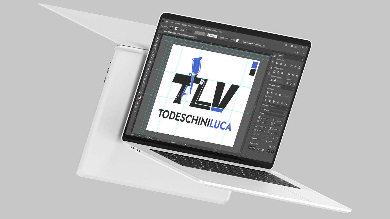 Pc laptop con programma di grafica Illustrator per logo design durante fasi di branding aziendale.