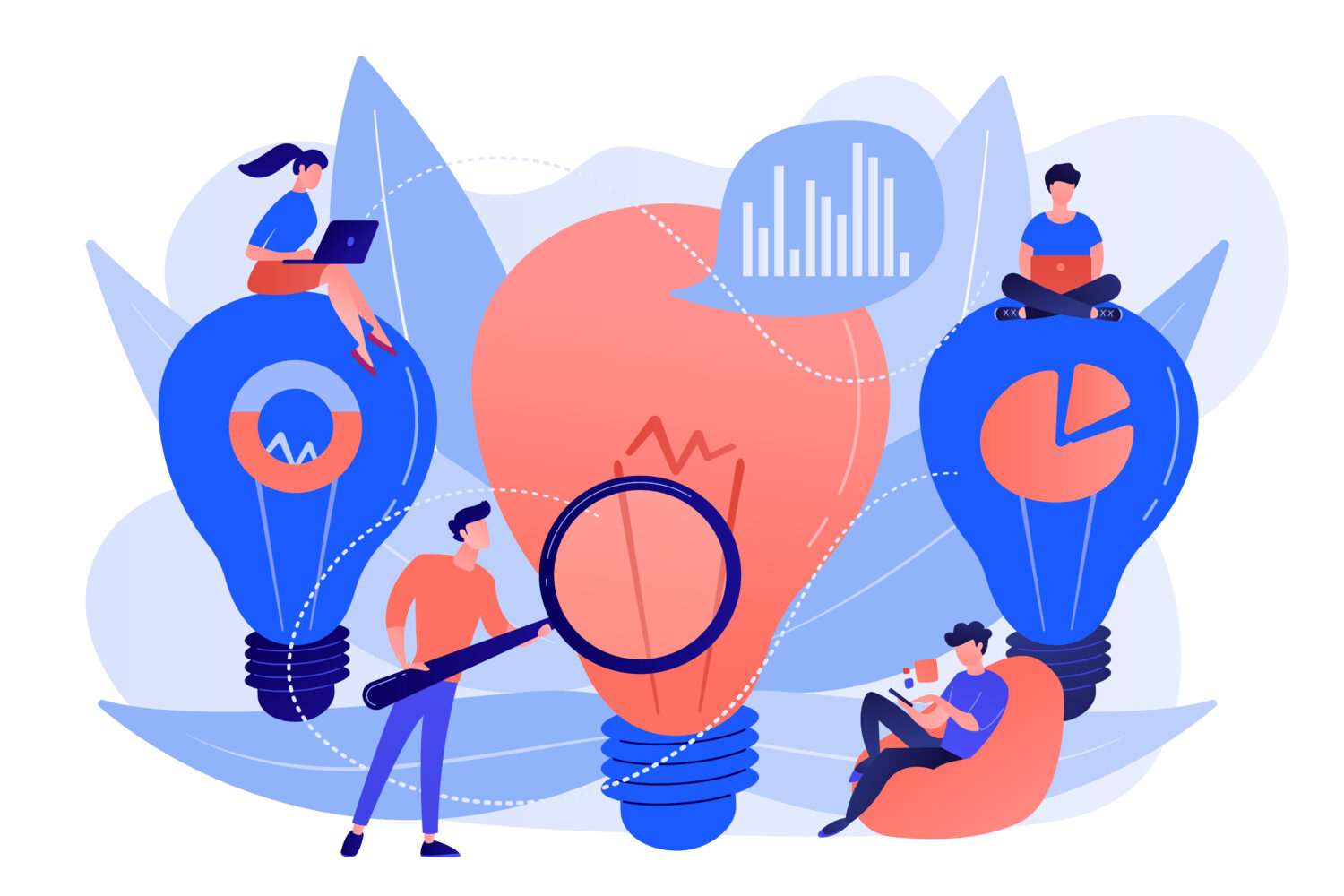 Illustrazione strategia di comunicazione, idee e soluzioni settore pubblicità e marketing.
