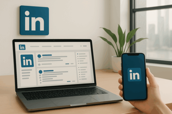 Render con laptop e smartphone, logo linkedin e pagine linkedin aziendali.