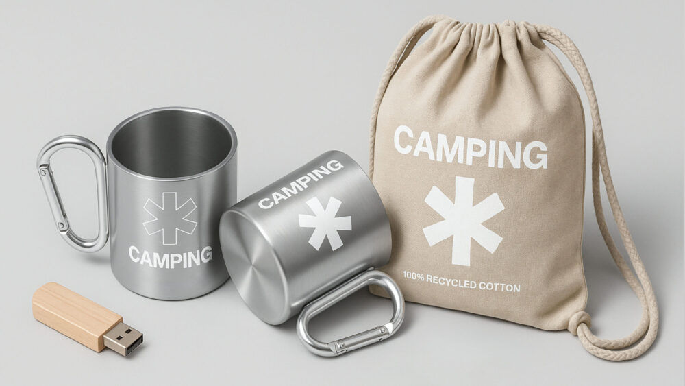 Tazza, zaino sacca shopper e chiavetta pen-drive USB personalizzata con logo cliente, gadgets aziendali promozionali.