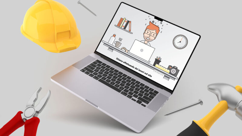 Immagine render manutenzione sito web con pc laptop.