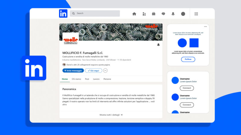 Esempio pagina LinkedIn aziendale di un cliente, render grafico con colori e logo LinkedIn.