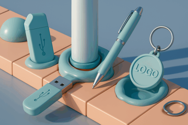 Render astratto con stampo per la produzione di gadgets aziendali personalizzati con logo del cliente, pendrive usb, penna e portachiavi.