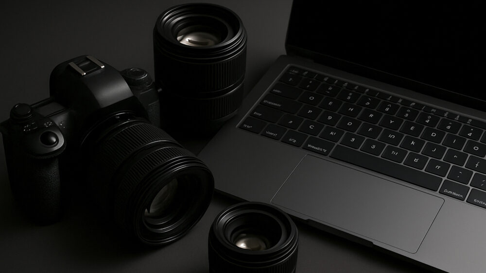 Servizi fotografici per aziende e fotografia del prodotto con a fotocamera, obiettivi e pc.
