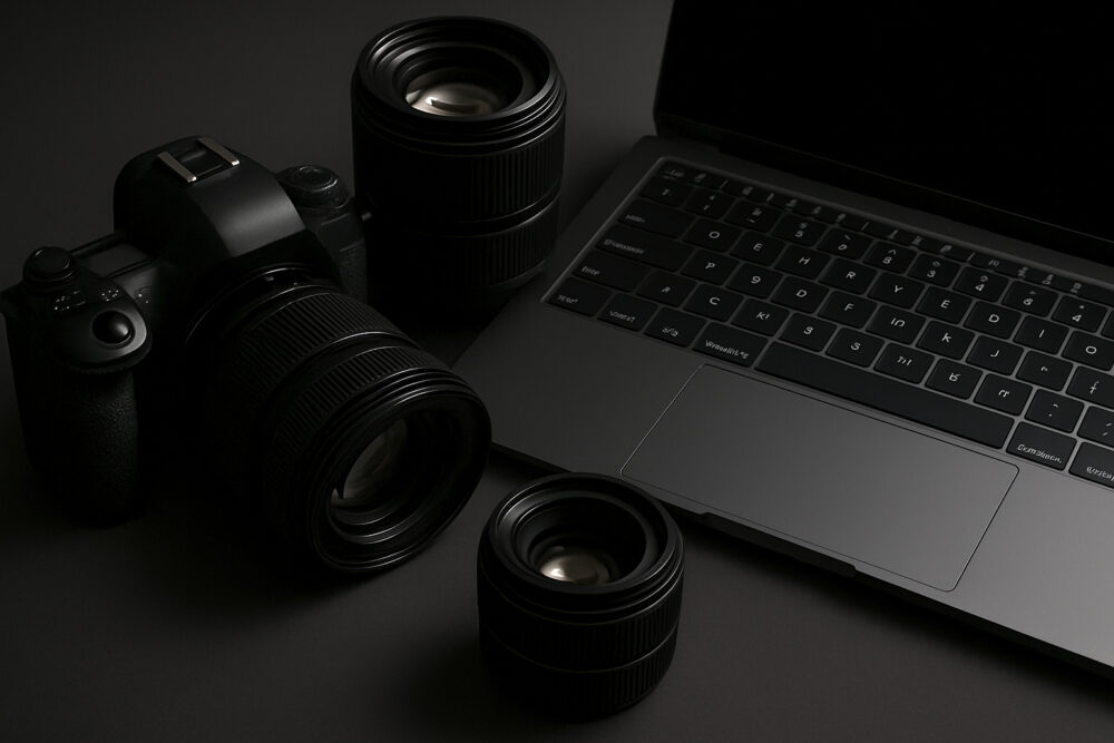 Render servizi fotografici per aziende con camera reflex, obiettivi e pc laptop.