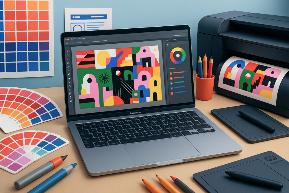 Render servizi grafica e stampa, pc laptop con programma di grafica e progetto, palette colori e stampante digitale.