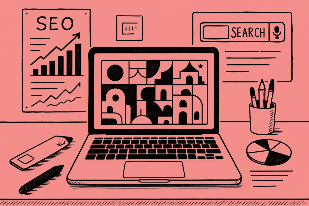 Illustrazione con pc laptop, ottimizzazione seo e ricerca su Google.